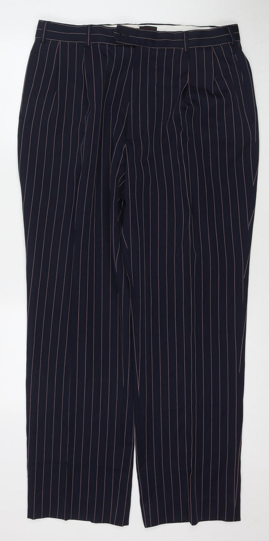 Vital Mens Blue Striped Polyester Trousers Size 35 in L32 in Regular Zip