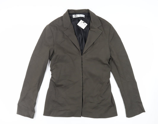 Zara Womens Green Jacket Blazer Size L Hook & Eye - Ruched Sides