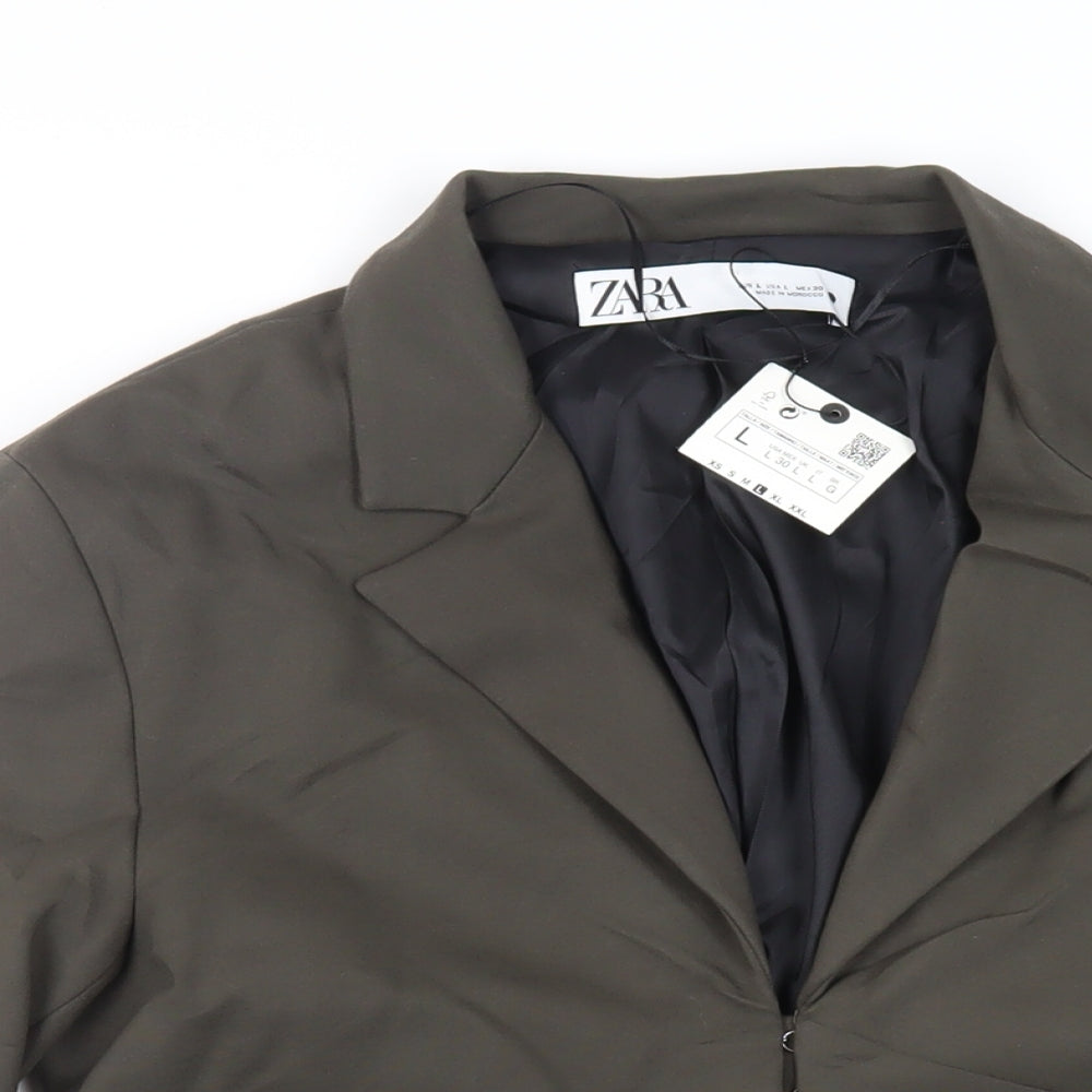 Zara Womens Green Jacket Blazer Size L Hook & Eye - Ruched Sides