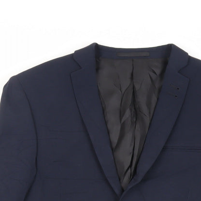 Close-up detail of ASOS men’s blue polyester jacket suit jacket, size 36, regular