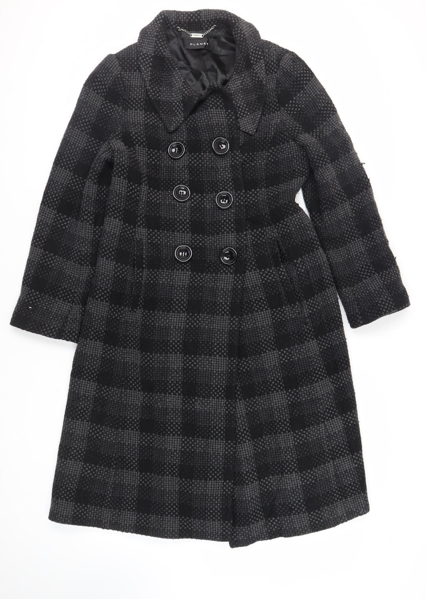 Planet Womens Black Check Pea Coat Coat Size 12 Button