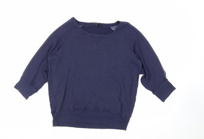 Additional front view of French Connection women’s blue cotton pullover sweatshirt, size M, pullover - sheer sleeves