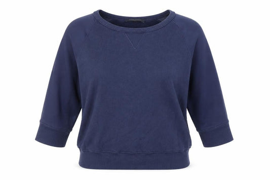 Front view of French Connection women’s blue cotton pullover sweatshirt, size M, pullover - sheer sleeves
