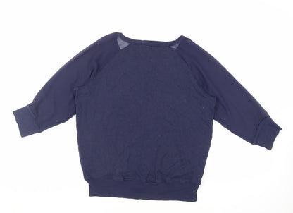 Back view of French Connection women’s blue cotton pullover sweatshirt, size M, pullover - sheer sleeves
