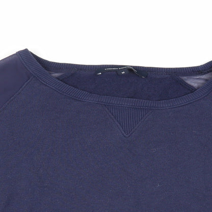 Close-up detail of French Connection women’s blue cotton pullover sweatshirt, size M, pullover - sheer sleeves