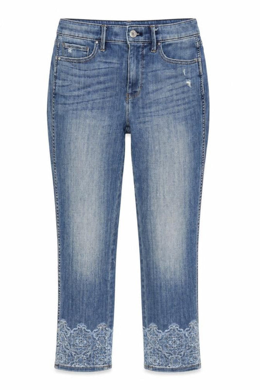 White House Black Market Womens Blue Cotton Blend Cropped Jeans Size 28 in L26.5 in Regular Zip - Embelished cuff.- Distressed.