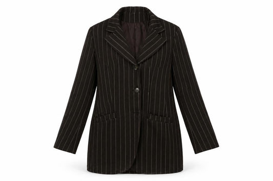 Front view of Miss Selfridge women’s brown striped jacket blazer, size UK 12, button