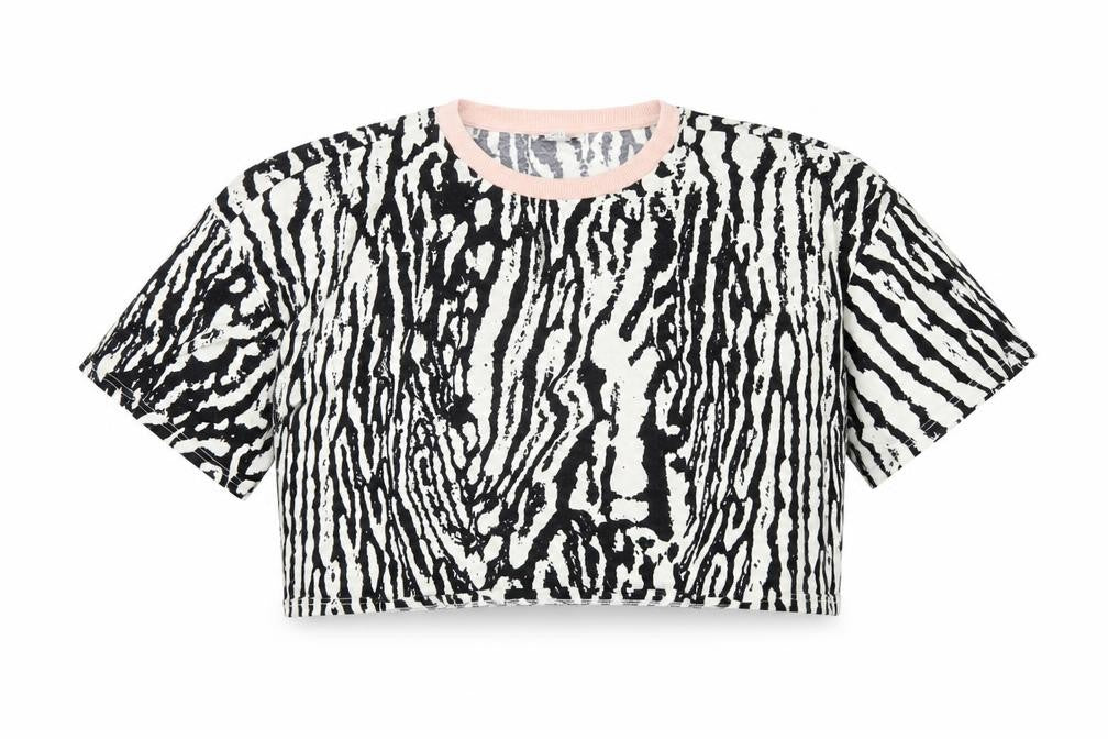 Topshop Womens Black Geometric Cotton Cropped T-Shirt Size M Round Neck