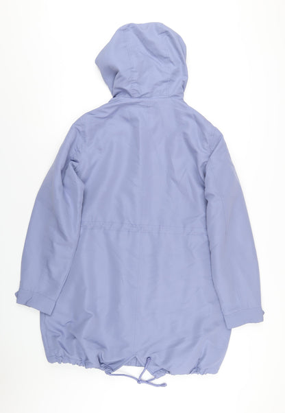 Back view of Maine New England women’s blue rain coat coat, size UK 14, zip
