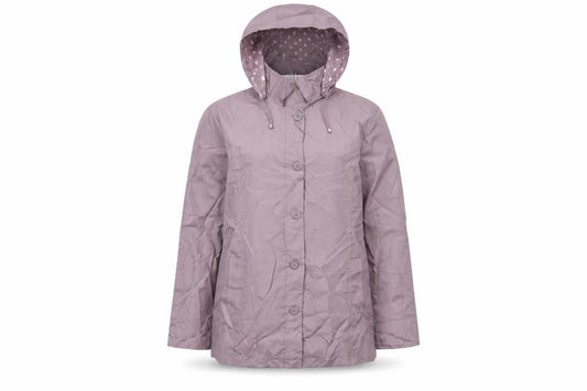 Front view of Anne De Lancay women’s purple rain coat coat, size UK 14, button
