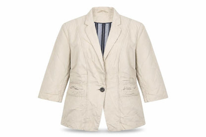 Front view of Autograph women’s beige vinyl jacket blazer, size UK 16