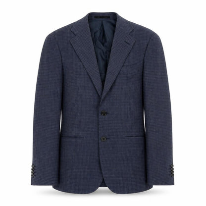Front view of Only men’s blue plaid polyester jacket blazer, size 38, regular