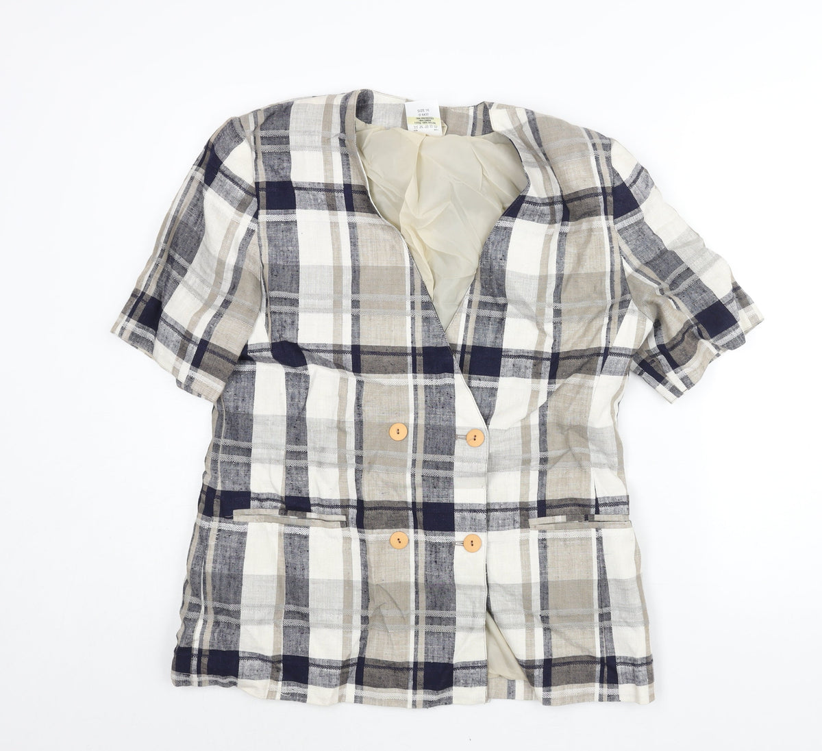 Additional front view of Fashion Extra women’s beige check jacket, size UK 16, button - double breasted