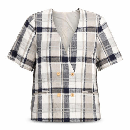 Front view of Fashion Extra women’s beige check jacket, size UK 16, button - double breasted
