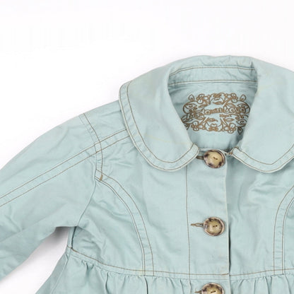 Close-up detail of Next girls’ blue jacket, size 5-6, years button