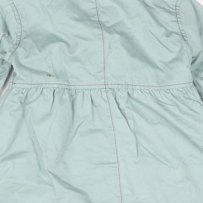 Brand and care label for Next girls’ blue jacket, size 5-6, years button