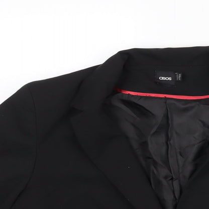 Close-up detail of ASOS women’s black polyester jacket suit jacket, size UK 12