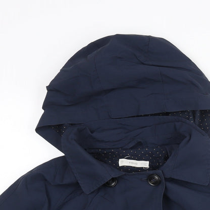 Close-up detail of Mango girls’ blue trench coat coat, size 10, years button - hooded