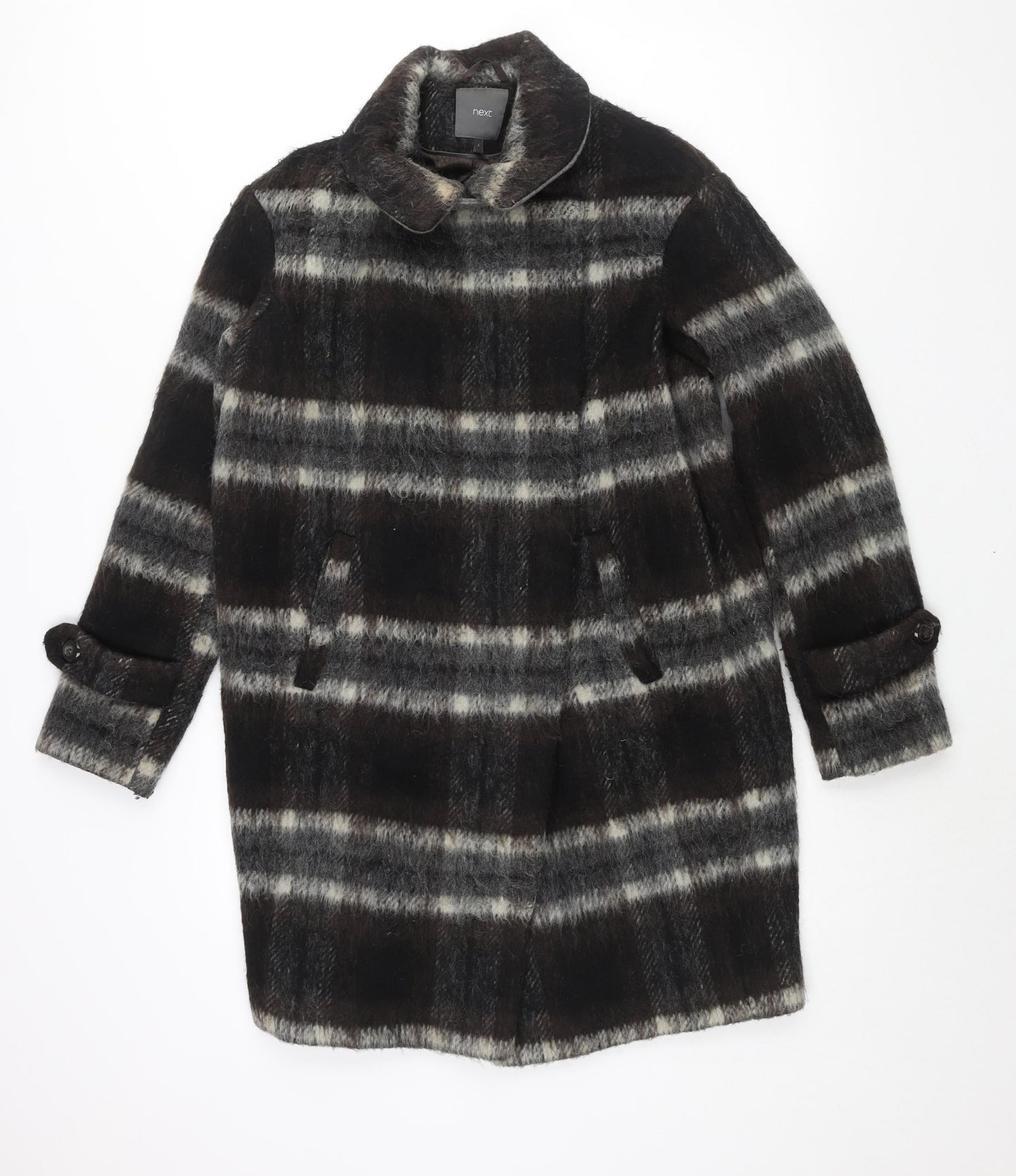 NEXT Womens Brown Check Overcoat Coat Size 6 Snap