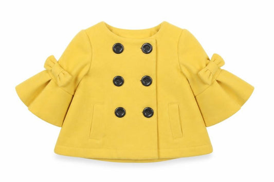 Front view of Maxx girls’ yellow pea coat coat, size 12, months button