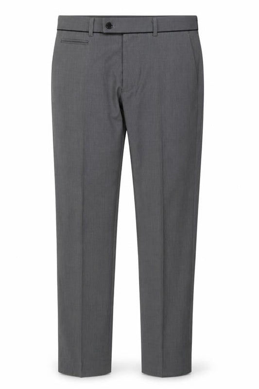 Front view of Taylor & Wright men’s grey polyester trousers, size 30, in, 31-inch leg regular zip