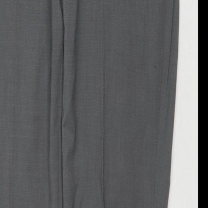 Close-up detail of Taylor & Wright men’s grey polyester trousers, size 30, in, 31-inch leg regular zip