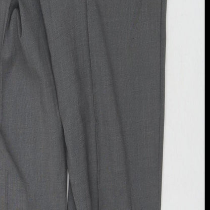 Brand and care label for Taylor & Wright men’s grey polyester trousers, size 30, in, 31-inch leg regular zip
