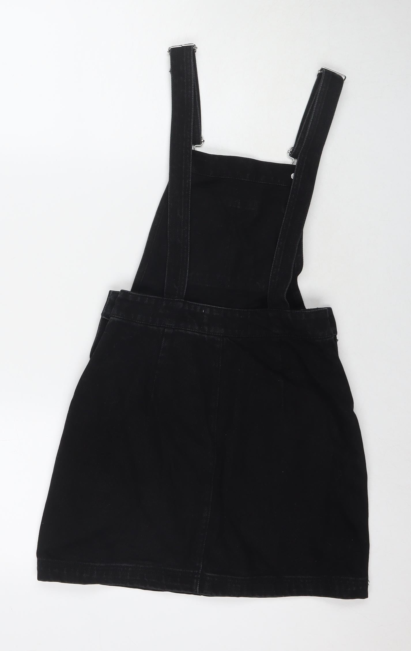 Missguided Womens Black Cotton Pinafore/Dungaree Dress Size 6 Square Neck Button
