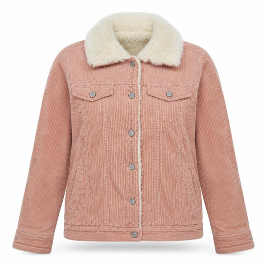 Front view of Denim & Co. women’s pink biker jacket, size UK 8, button