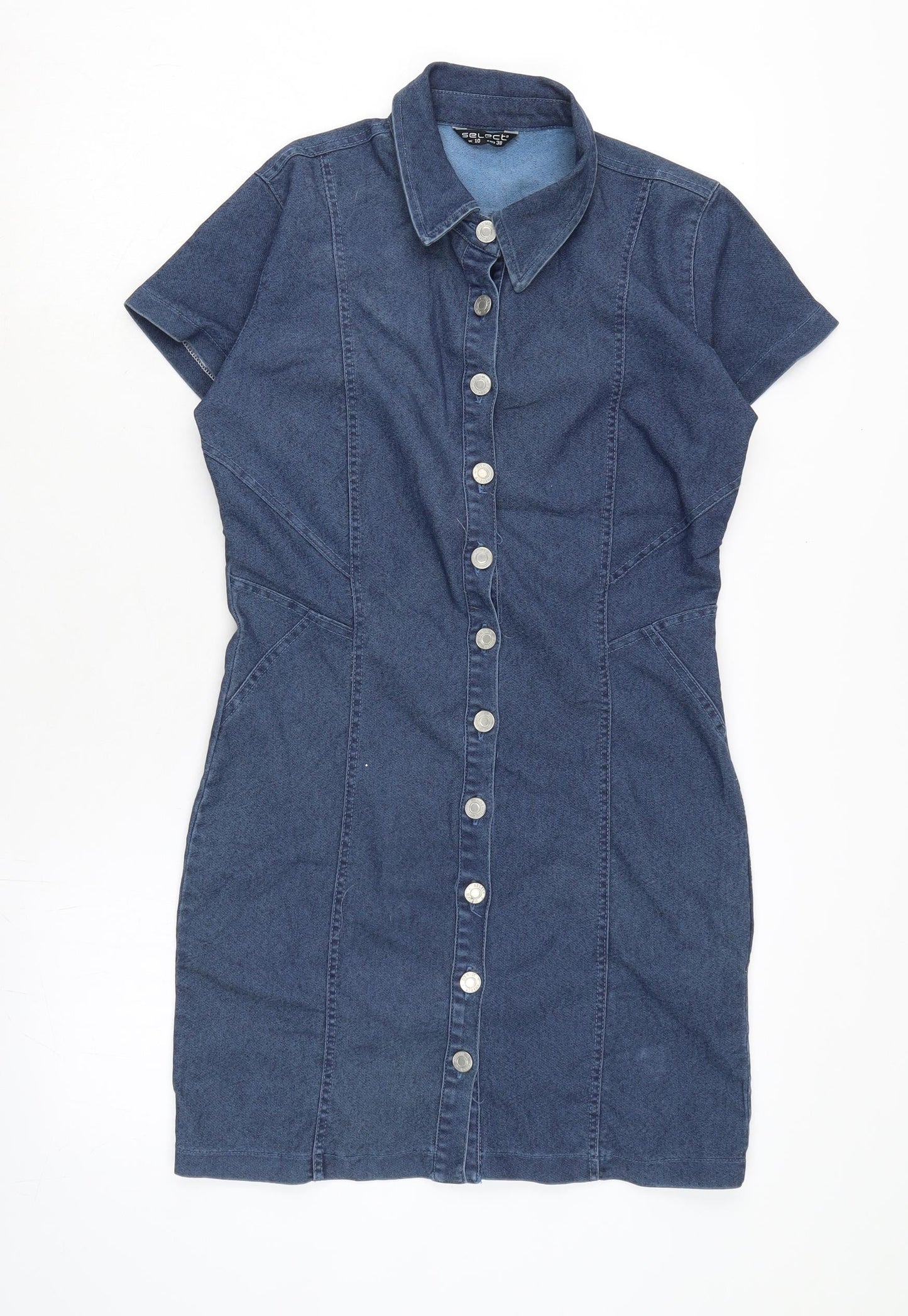 Select Womens Blue Cotton A-Line Size 10 Collared Button
