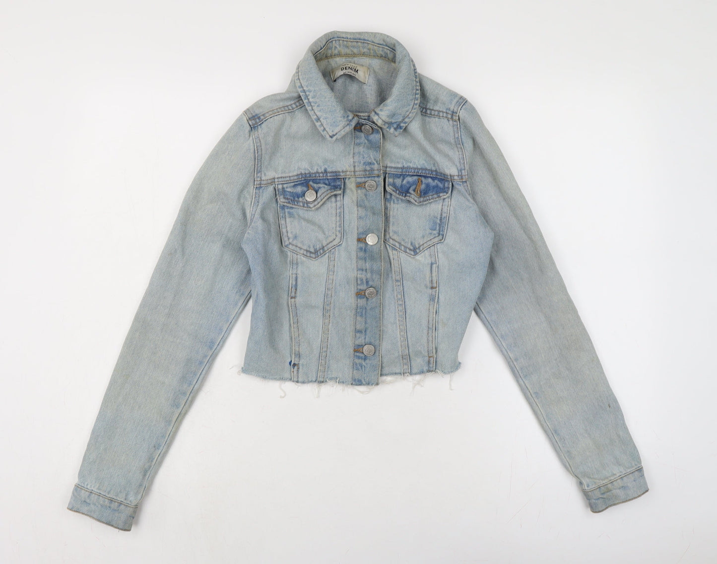 New Look Womens Blue Biker Jacket Size 6 Button - Raw Hem - In need of freshen up.