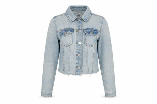 New Look Womens Blue Biker Jacket Size 6 Button - Raw Hem - In need of freshen up.
