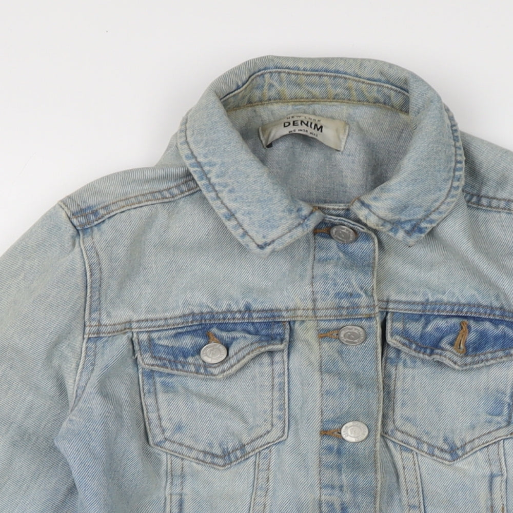 New Look Womens Blue Biker Jacket Size 6 Button - Raw Hem - In need of freshen up.