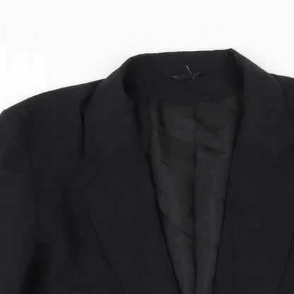 Close-up detail of C&A women’s black polyester jacket blazer, size UK 14
