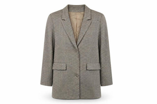 Front view of Missguided women’s brown geometric jacket blazer, size UK 14, button