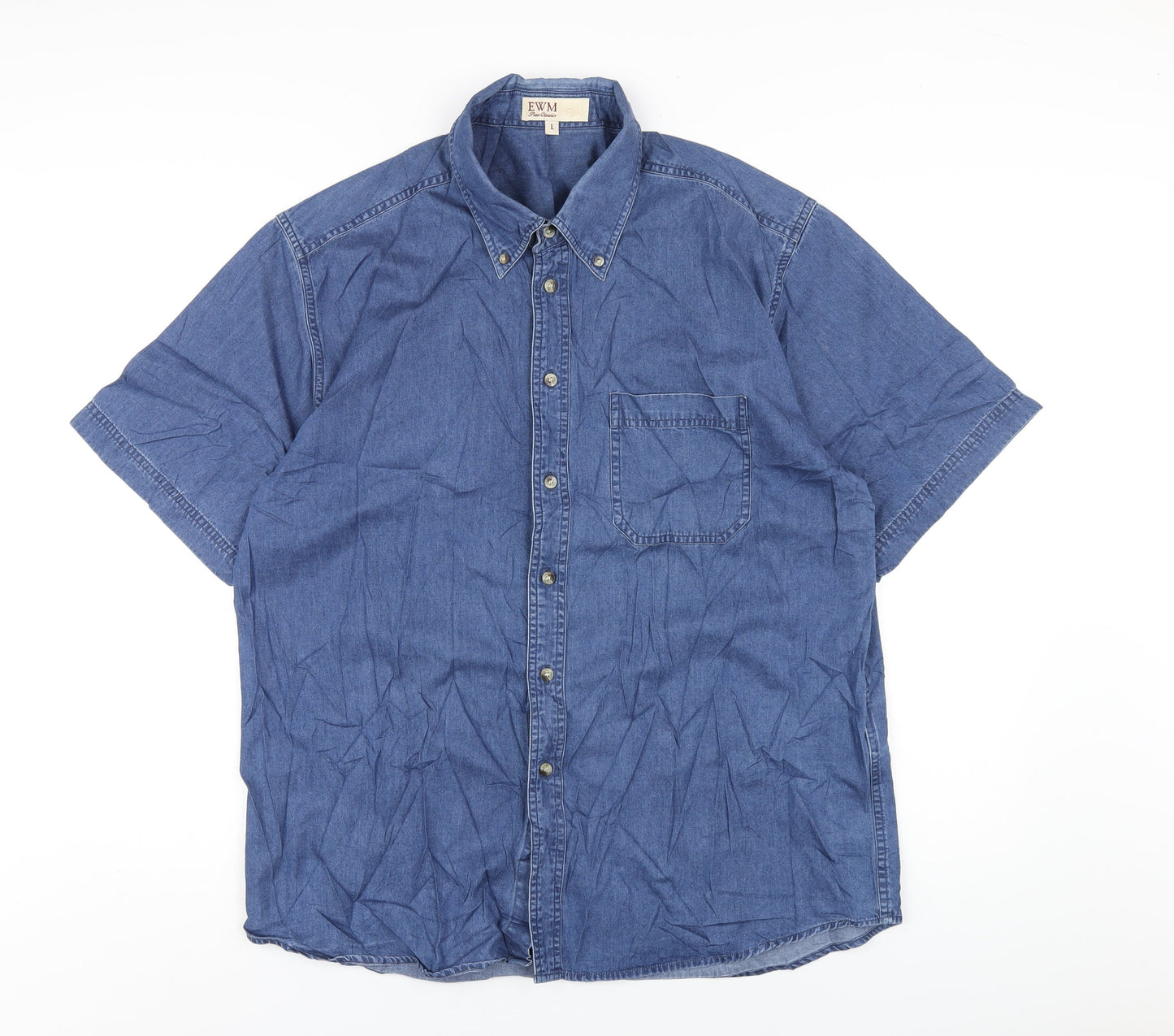 EWM Mens Blue Cotton Button-Up Size L Collared Button