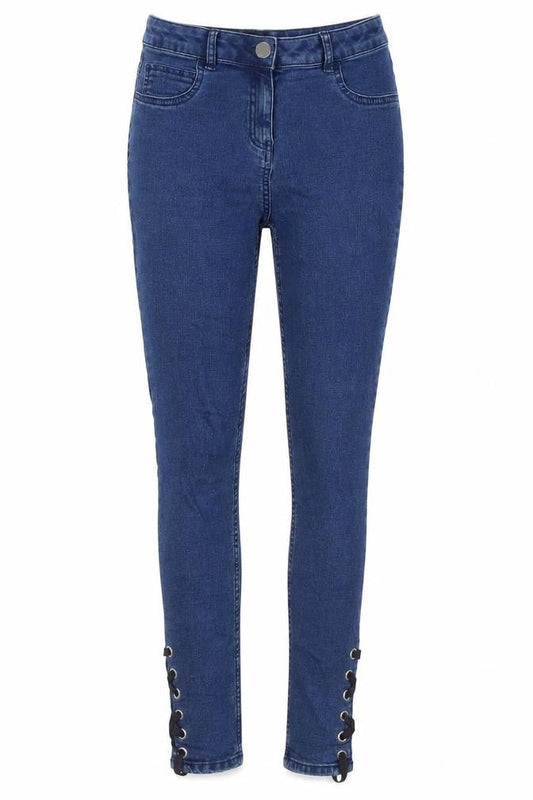 Front view of Denim women’s blue cotton skinny jeans, size UK 8, 27-inch leg regular zip - lace up legs