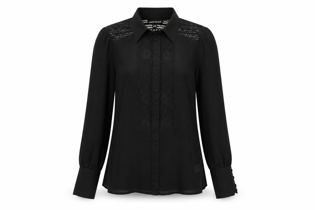 Warehouse Womens Black Silk Basic Button-Up Size 6 Collared