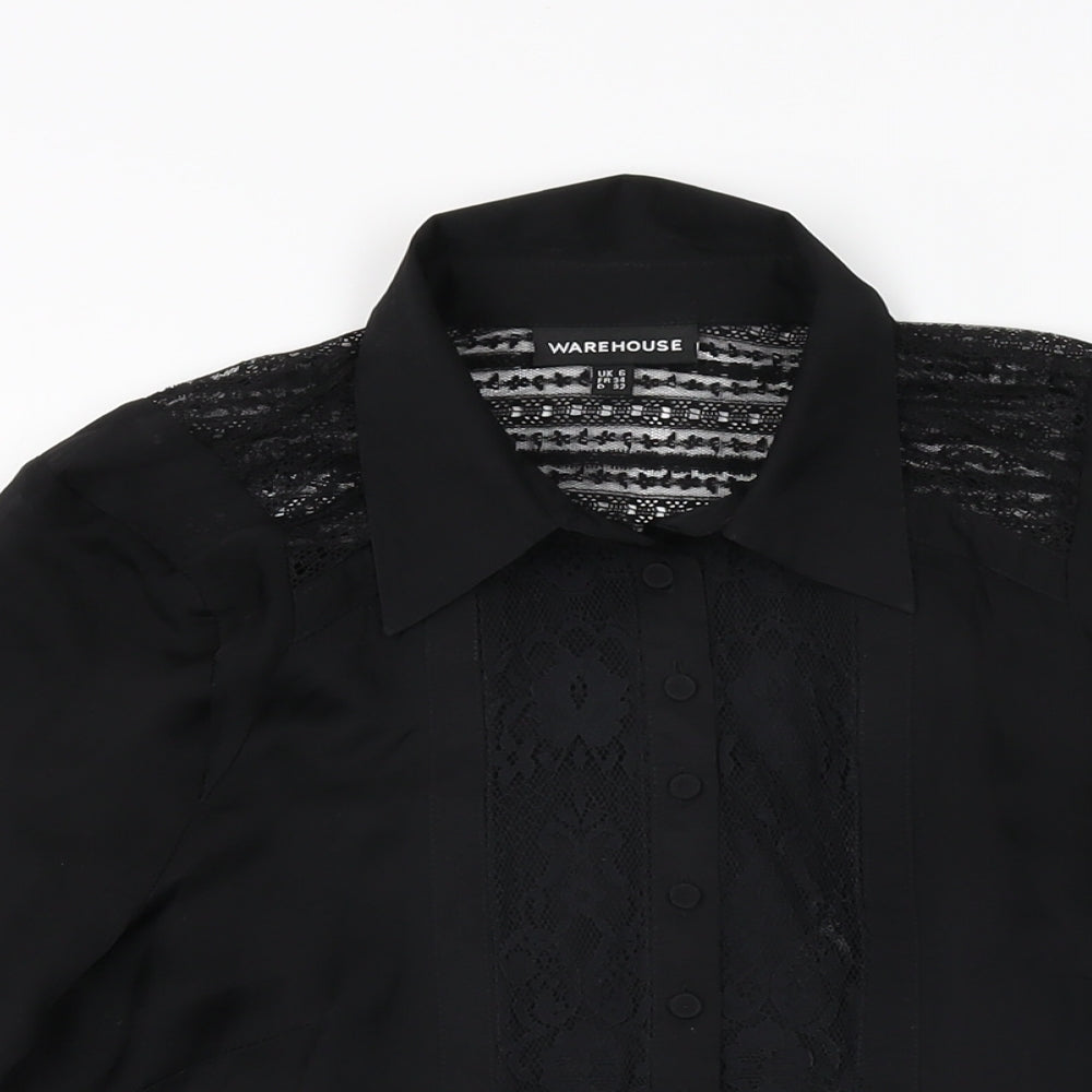 Warehouse Womens Black Silk Basic Button-Up Size 6 Collared