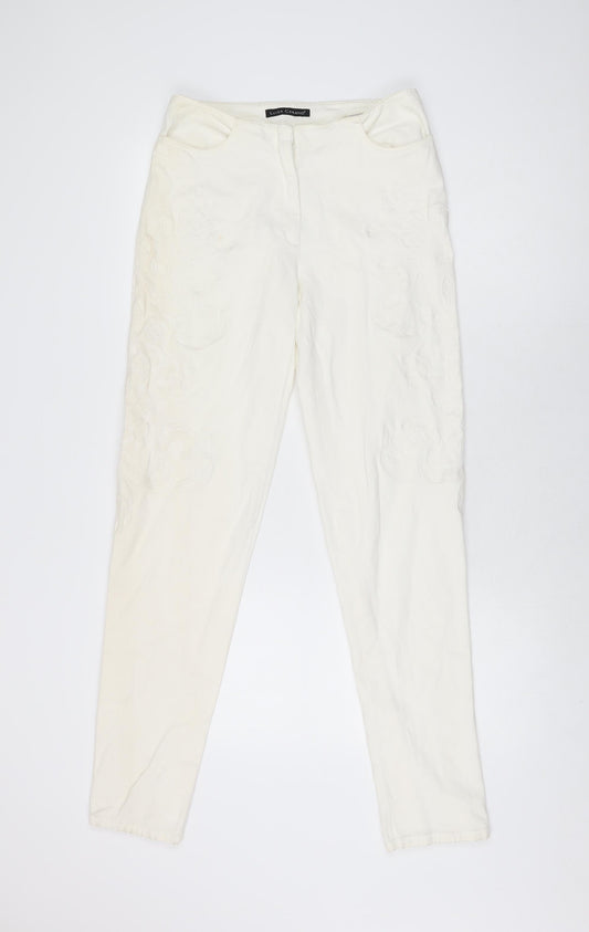 LUISA CERANO Womens Ivory Floral Cotton Skinny Jeans Size 10 L31.5 in Regular Zip