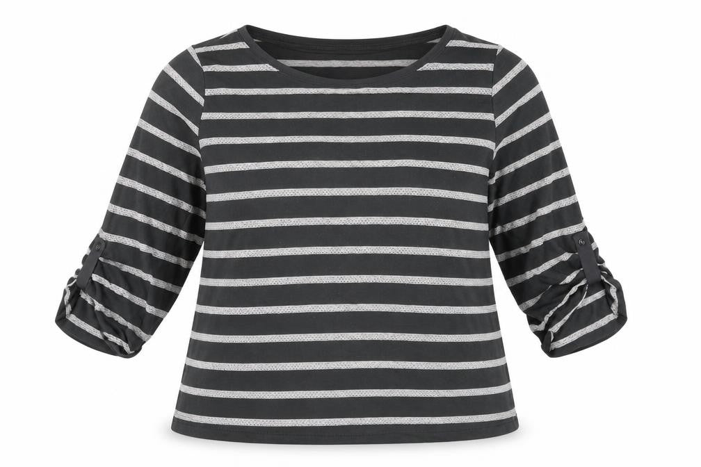 Marks & Spencer Womens Grey Striped Polyester Basic T-Shirt Size 16 Round Neck