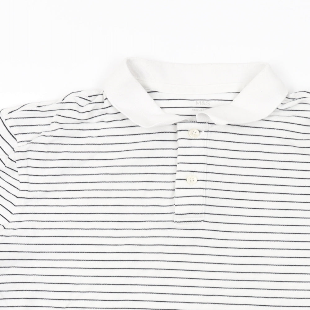 Marks and Spencer Womens White Striped Cotton Basic T-Shirt Size L Collared