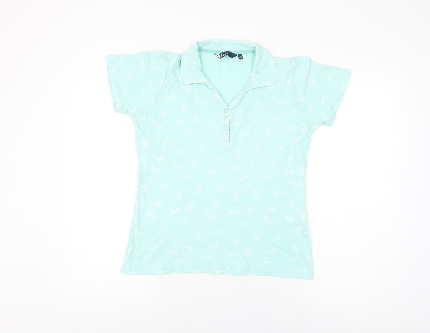 Isle Womens Blue Geometric Cotton Basic T-Shirt Size 10 Collared - Butterfly Print