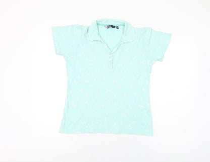 Isle Womens Blue Geometric Cotton Basic T-Shirt Size 10 Collared - Butterfly Print