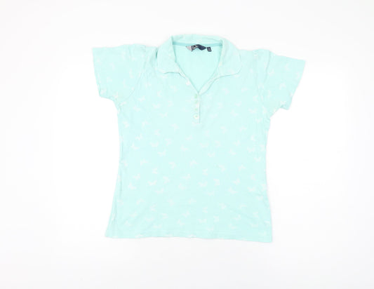 Isle Womens Blue Geometric Cotton Basic T-Shirt Size 10 Collared - Butterfly Print
