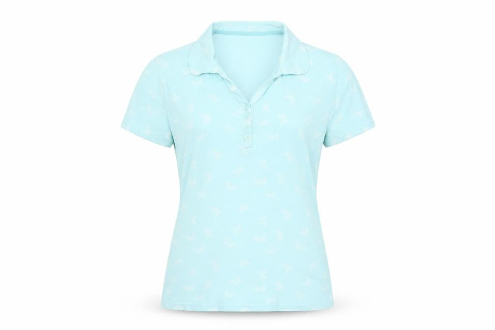 Isle Womens Blue Geometric Cotton Basic T-Shirt Size 10 Collared - Butterfly Print
