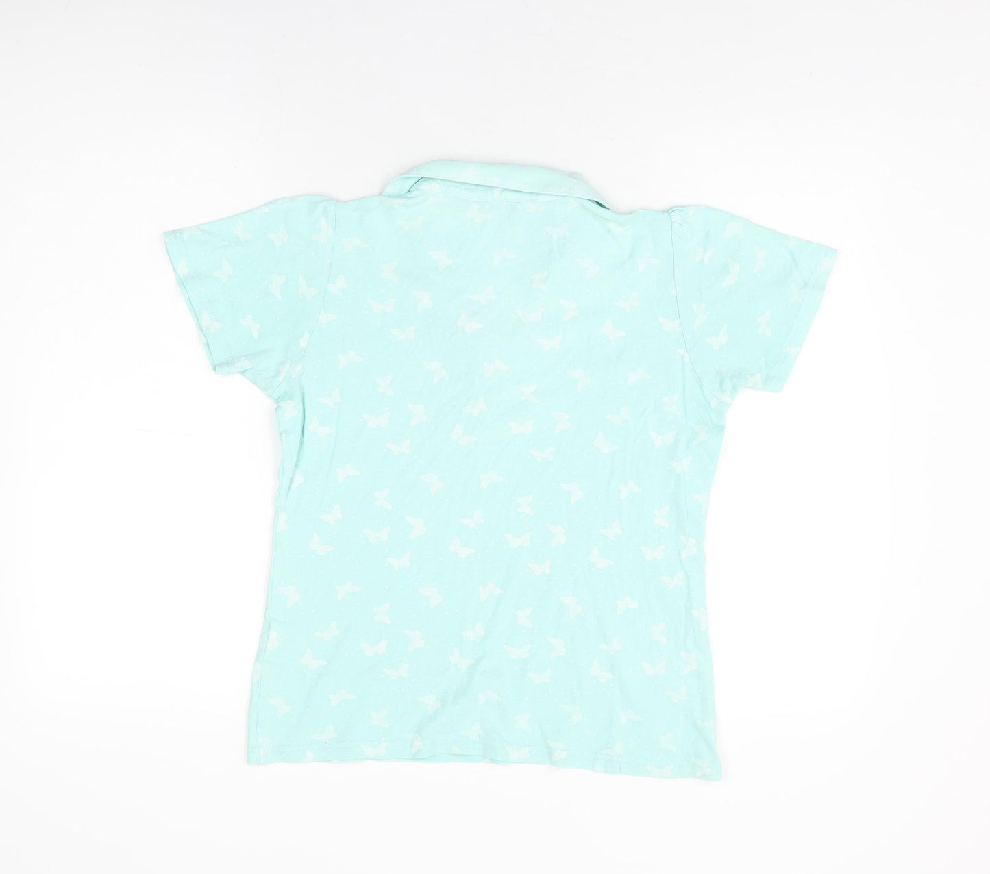 Isle Womens Blue Geometric Cotton Basic T-Shirt Size 10 Collared - Butterfly Print