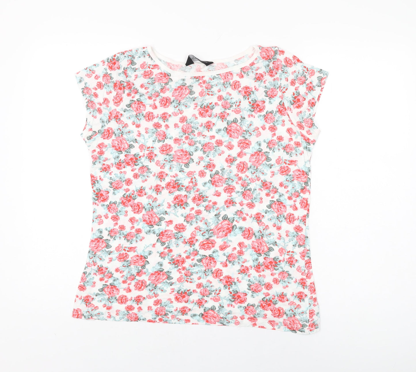 Dorothy Perkins Womens White Floral Cotton Basic T-Shirt Size 16 Round Neck