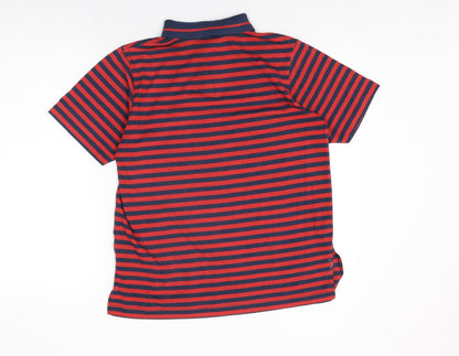 Back view of C&A women’s red striped polyester basic t-shirt, size UK 10, collared -, size UK 10-12