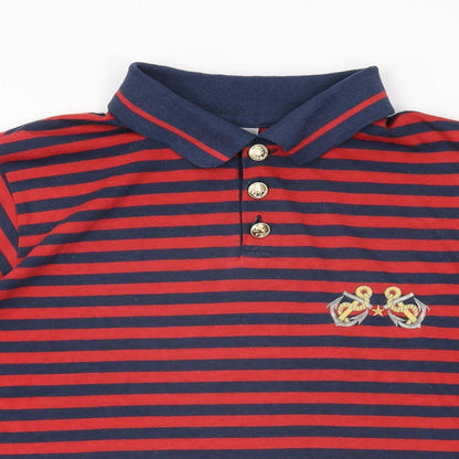 Close-up detail of C&A women’s red striped polyester basic t-shirt, size UK 10, collared -, size UK 10-12